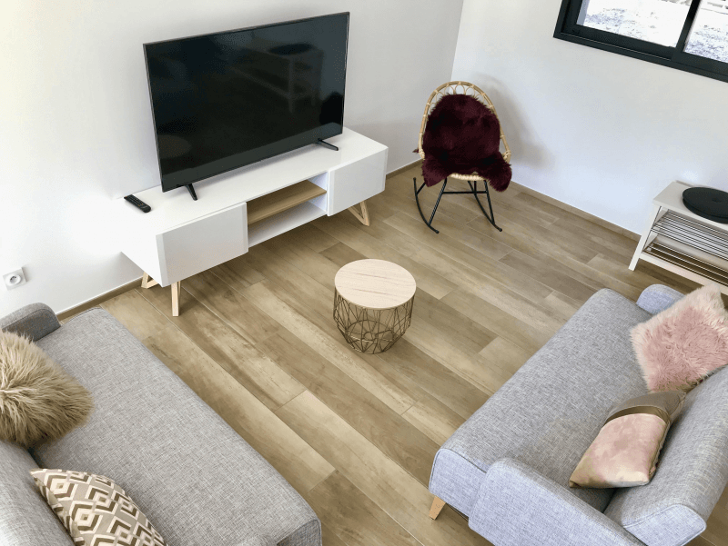 Salon avec deux canapés et télévision